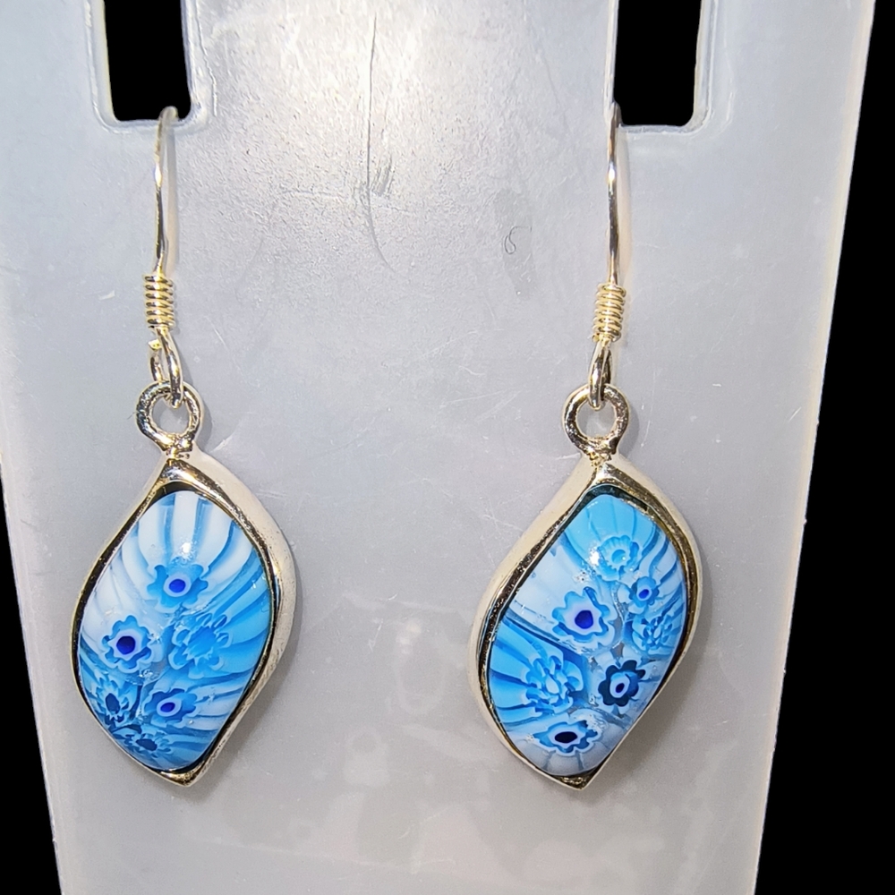 Italian Blue Murano Glass & Sterling Silver Artisan Dangle Earrings